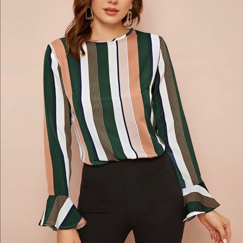 Striped work blouse with bell sleeves